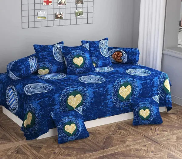 220TC_Cotton_Diwan_Set_8_Pieces-_Single_Flat_Bedsheet_With_2_Bolster_Covers_and_5_Cushion_Covers_(60*90_Inches)-_Lightweight_&_Skin-Friendly-_Blue_Hearts_