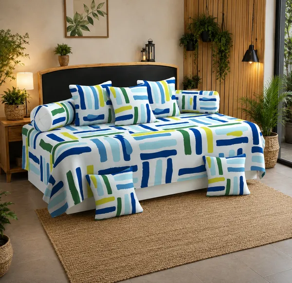 220TC_Cotton_Diwan_Set_8_Pieces-_Single_Flat_Bedsheet_With_2_Bolster_Covers_and_5_Cushion_Covers_(60*90_Inches)-_Lightweight_&_Skin-Friendly-_Lining_Striped_Muticolor_