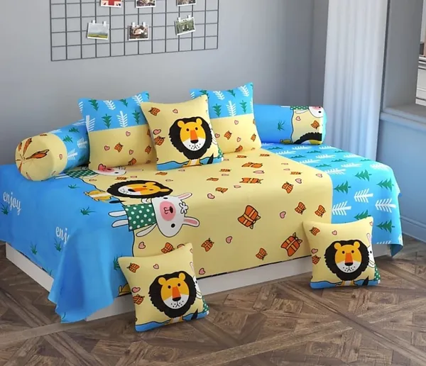 220TC_King_Size_Cotton_Diwan_Set_of_8_Pieces-_Single_Flat_Bedsheet_With_2_Bolster_Covers_and_5_Cushion_Covers-_Lion_Print_-_60*90_Inches