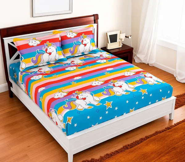 220TC_Supersoft_Fitted_Elastic_Cotton_Double_Bed_Printed_Bedsheet_for_Kids_with_2_Pillow_Covers_(72"_*_78"_Upto_6"_Mattress)-_Unicorn_Cartoon_