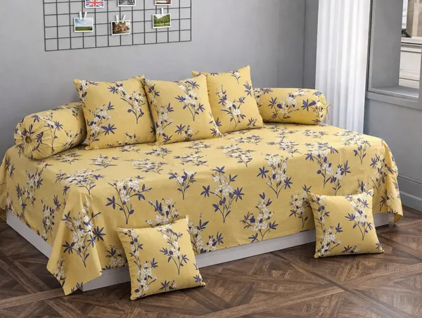 Premium_Cotton_Diwan_Set_8_Pieces-_Single_Flat_Bedsheet_With_2_Bolster_Covers_and_5_Cushion_Covers_(60*90_Inches)-_Lightweight_&_Skin-Friendly-_Yellow_Floral