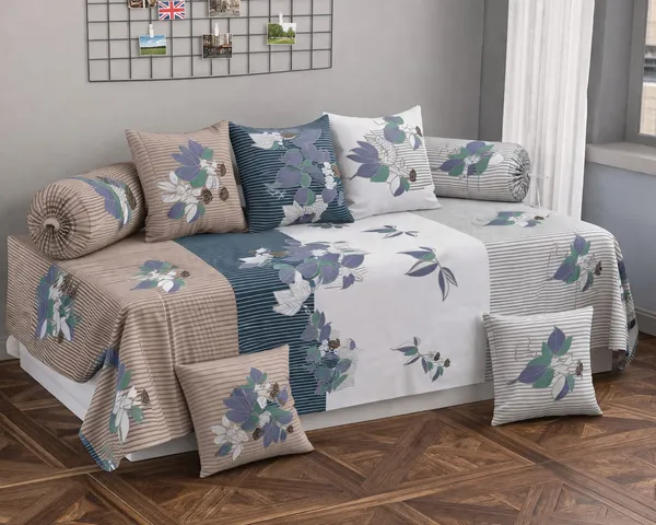 220TC_Cotton_Diwan_Set_8_Pieces-_Single_Flat_Bedsheet_With_2_Bolster_Covers_and_5_Cushion_Covers_(60*90_Inches)-_Lightweight_&_Skin-Friendly-_Blue_Floral