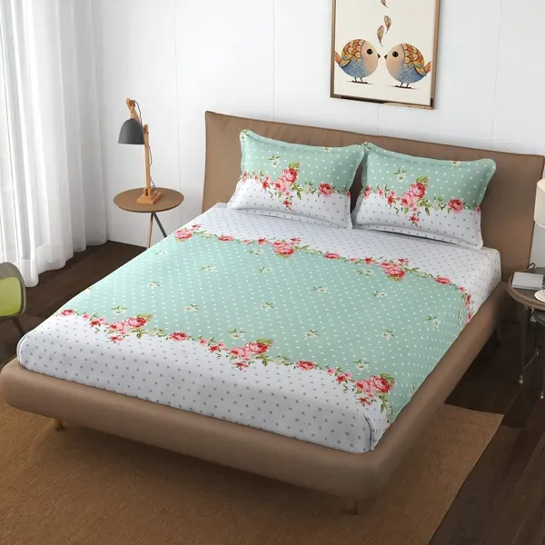 220TC_Supersoft_FItted_Elastic_Cotton_Double_Bed_Printed_Bedsheet_with_2_Pillow_Covers_(72"_*_78"_Upto_6"_Mattress)-_Green_Polka