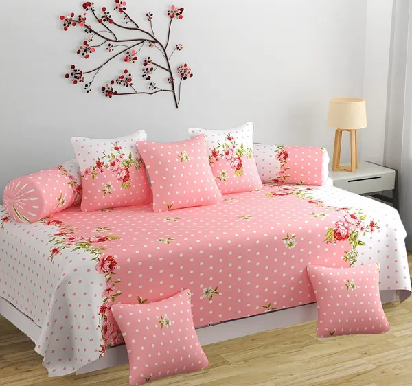 220TC_Cotton_Diwan_Set_8_Pieces-_Single_Flat_Bedsheet_With_2_Bolster_Covers_and_5_Cushion_Covers_(60*90_Inches)-_Lightweight_&_Skin-Friendly-_Pink_Polka