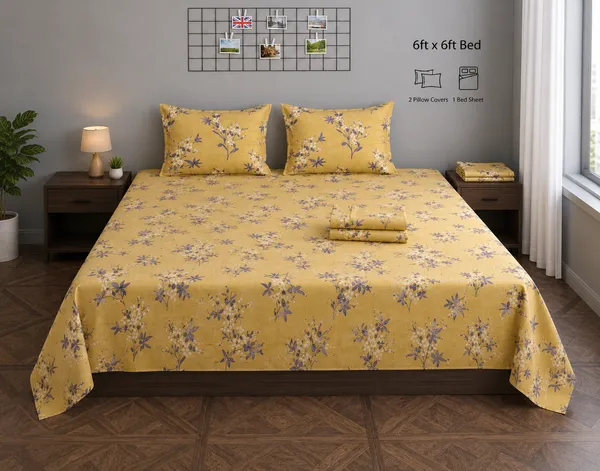 220TC_Supersoft_FItted_Elastic_Cotton_Double_Bed_Printed_Bedsheet_with_2_Pillow_Covers_(72"_*_78"_Upto_6"_Mattress)-_Yellow_Floral