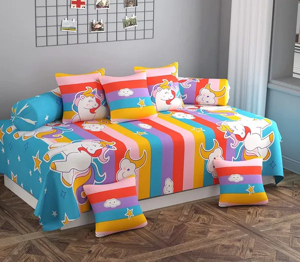 Kids_Unicorn_Cartoon_Diwan_Set_–_8_Pc_|_Single_Flat_Bedsheet_60×90_in_+_2_Bolster_Covers_+_5_Cushion_Covers