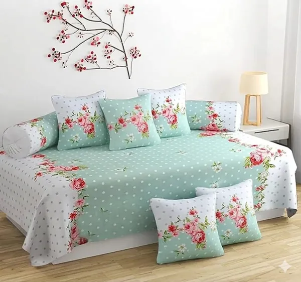 220TC_Superfine_Green_Polka_Cotton_Diwan_Set_8_Pieces-_Single_Flat_Bedsheet_With_2_Bolster_Covers_and_5_Cushion_Covers_(60*90_Inches)