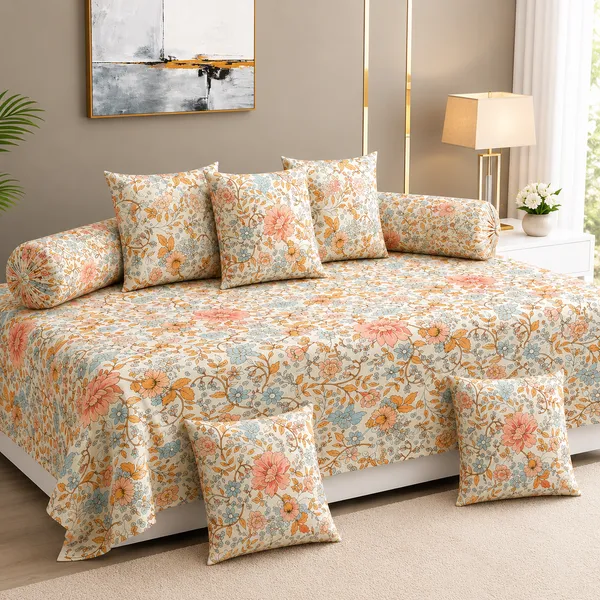 220TC_Superfine_White_Messy_Floral_Cotton_Diwan_Set_8_Pieces-_Single_Flat_Bedsheet_With_2_Bolster_Covers_and_5_Cushion_Covers_(60*90_Inches)