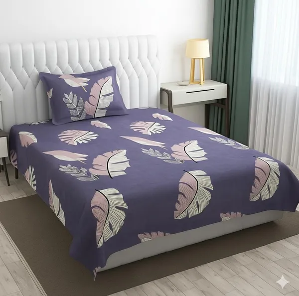 220TC_Cotton_Flat_Bedsheet_For_Single_Bed_With_One_Pillow_Cover_-_Unique_Design-_Purple_Leaf_(60*90_Inches)