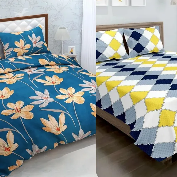 White_and_Blue_Cotton_Double_Flat_220_Tc_Floral_Pack_Of_2_Bedsheet_4_Pillow_Covers_Combo