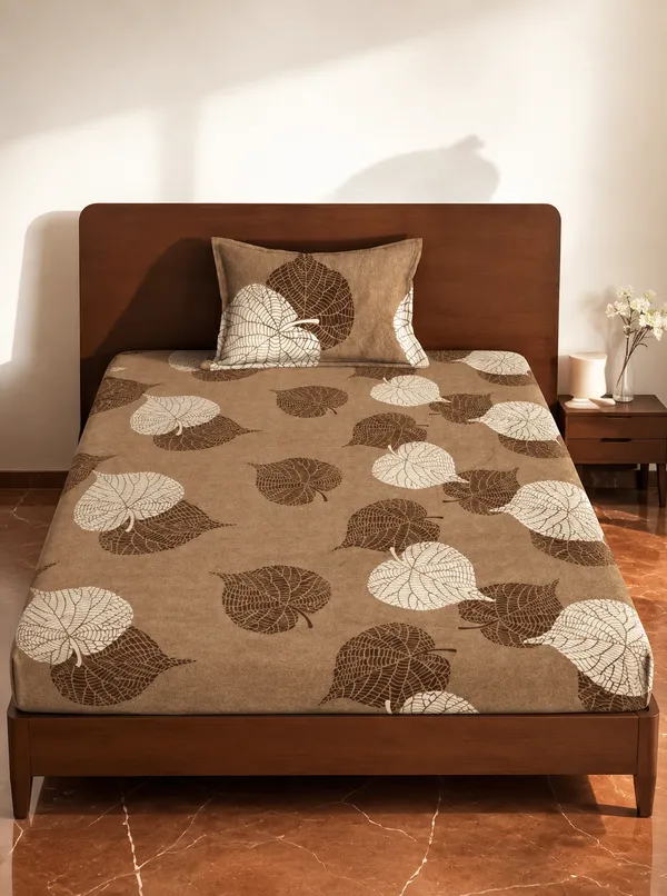 220TC_Supersoft_Cotton_Flat_Bedsheet_For_Single_Bed_With_One_Pillow_Cover_-_Brown_Leaf_(60*90_Inches)