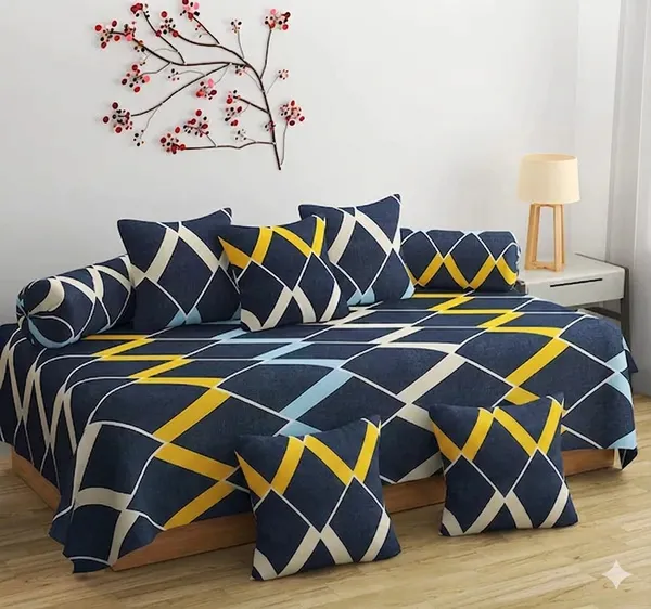 220TC_Adorable_Cotton_Diwan_Set_of_8_Pieces-_Single_Flat_Bedsheet_With_2_Bolster_Covers_and_5_Cushion_Covers-_Blue_Check-_60*90_Inches