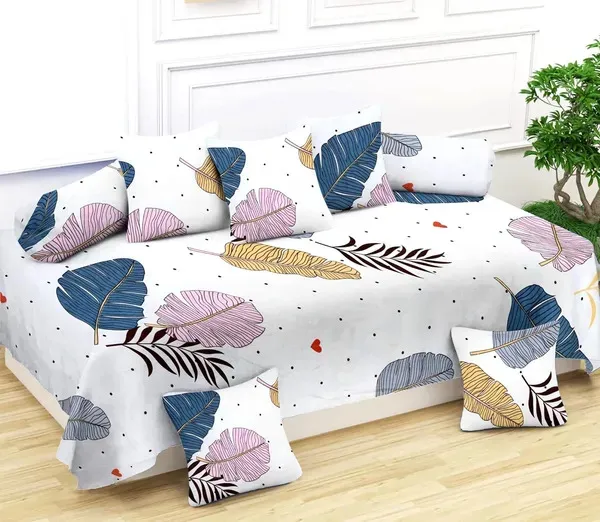 220TC_King_Size_Cotton_Diwan_Set-Unique_Floral_Set_of_8_Pieces-_Single_Flat_Bedsheet_With_2_Bolster_Covers_and_5_Cushion_Covers-_White_Feathers-_60*90_Inches