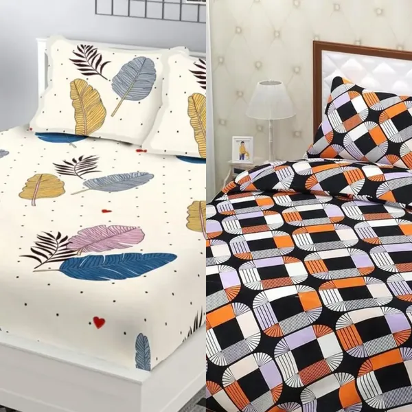 White_And_Multicolor_Cotton_Double_Flat_220_Tc_Floral_Pack_Of_2_Bedsheet_4_Pillow_Covers_Combo