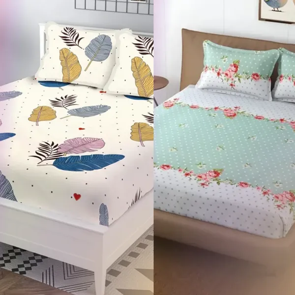 White_And_Green_Cotton_Double_Flat_220_Tc_Floral_Pack_Of_2_Bedsheet_4_Pillow_Covers_Combo