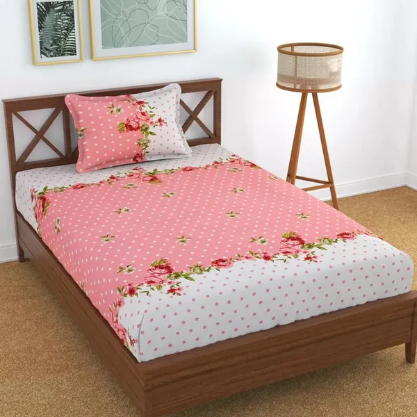 220TC_Supersoft_Cotton_Flat_Bedsheet_For_Single_Bed_With_One_Pillow_Cover_-_Pink_Polka_(60*90_Inches)