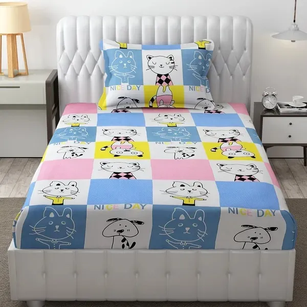 220TC_Kitty_Cartoon_Superfine_Cotton_Feel_Bedsheet_For_Single_Bed_With_One_Pillow_Cover_(60*90_Inches)