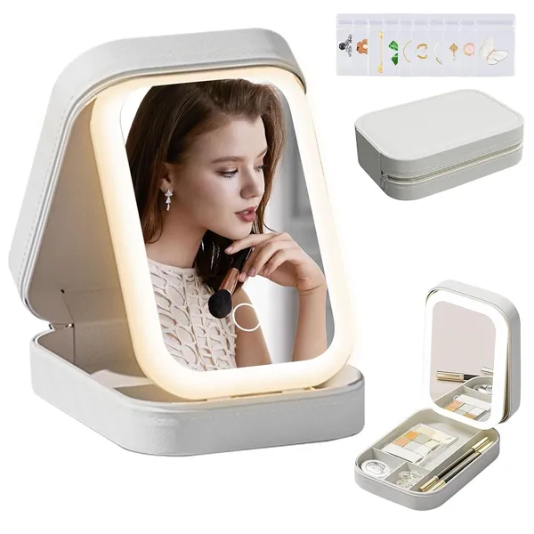 White_Travel_Jewelry_Case_And_Makeup_Bag_With_Mirror,_Dust_Proof_Jewelry_Box,_10_Sealed_Jewelry_Bags_Compact_Cosmetic_Mirror_Case_For_Women_Girls_Travel_Essentials