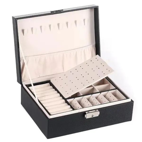 Black_Large_Jewelry_Box_Organizer_For_Women_Girls,_2_Layer_Jewelry_Storage_Case,_Pu_Leather_Display_Jewellery_Holder_With_Removable_Tray_For_Necklace_Earrings_Rings_Bracelets
