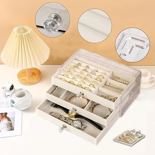White_Acrylic_Jewelry_Organizer_With_Drawers_|_3_Layer_Earring_Storage_Box_With_10_Compartment_&_7_Ear_Studs_For_Women_|_Transparent_Display_Storage_Case_For_Earrings_Necklace_Ring_Bracelet