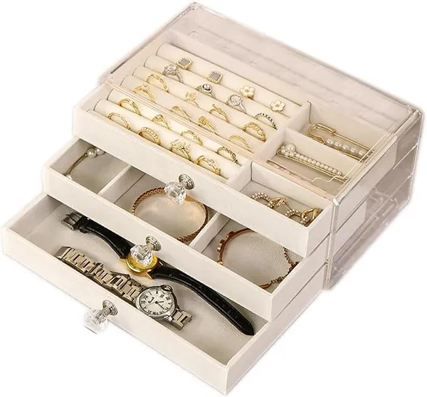 White_Acrylic_Jewelry_Organizer_With_Drawers_|_3_Layer_Earring_Storage_Box_With_10_Compartment_&_7_Ear_Studs_For_Women_|_Transparent_Display_Storage_Case_For_Earrings_Necklace_Ring_Bracelet
