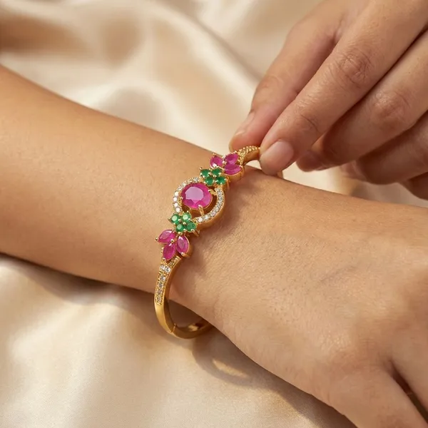 Golden_Ruby_And_Emerald_Studded_Gold_Plated_Metal_Openable_Bracelet_For_Women