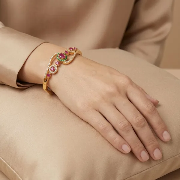 Golden_Ruby_And_Emerald_Studded_Gold_Plated_Metal_Openable_Bracelet_For_Women
