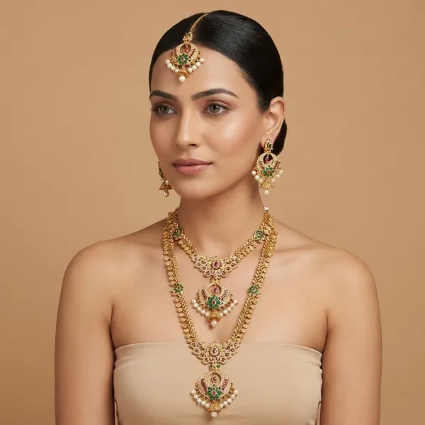 Pink_Green_And_Golden_Gold_Plated_Royal_Filigree_Bridal_Set_For_Women