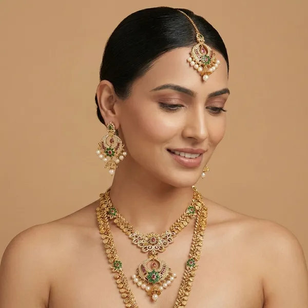 Pink_Green_And_Golden_Gold_Plated_Royal_Filigree_Bridal_Set_For_Women