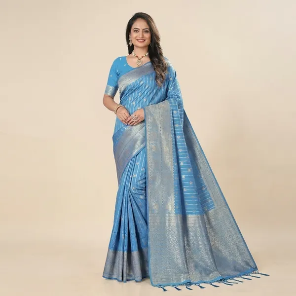 Sky_Blue_Banarasi_Silk_Golden_Zari_Buti_Woven_Saree_For_Women
