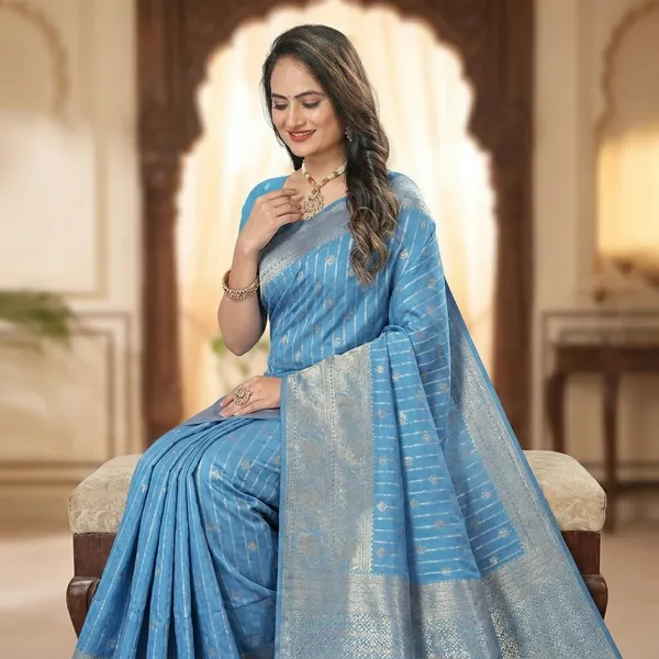 Sky_Blue_Banarasi_Silk_Golden_Zari_Buti_Woven_Saree_For_Women