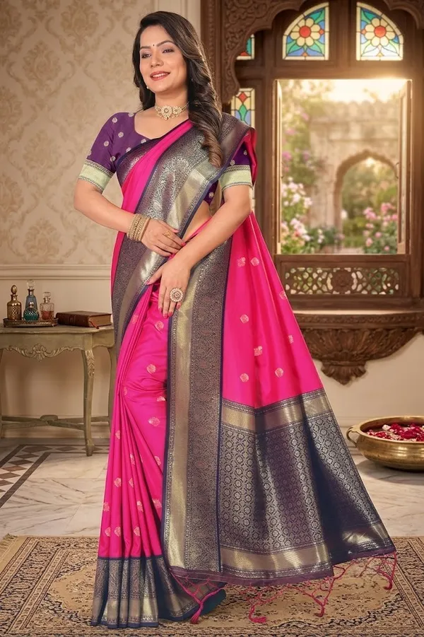 Pink_Cotton_Silk_Banarasi_Woven_Saree_With_Gold_Zari_Border_For_Women