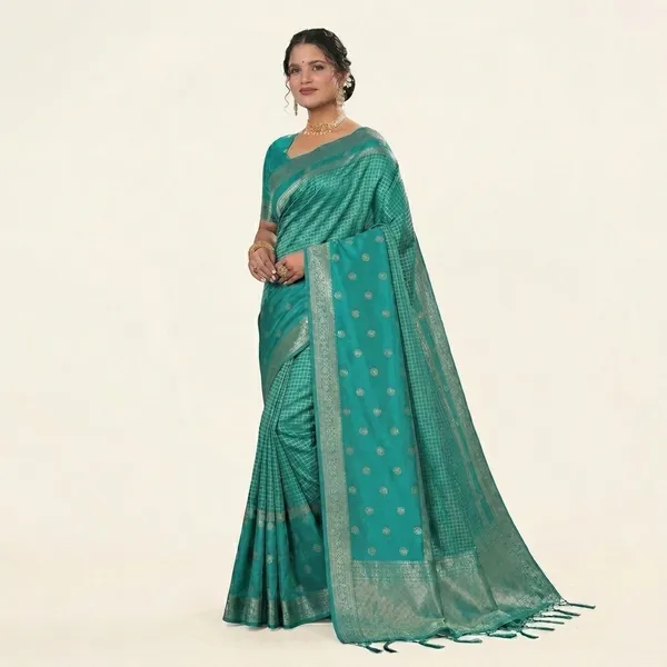 Ocean_Green_Silk_Checkered_Zari_Woven_Saree_For_Women