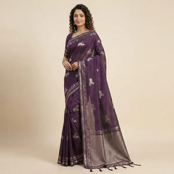 Purple_Silk_Blend_Woven_Elephant_Motif_Saree_For_Women