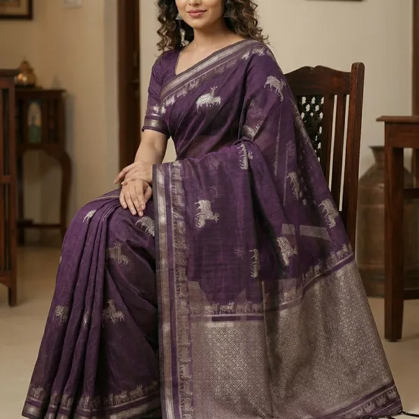 Purple_Silk_Blend_Woven_Elephant_Motif_Saree_For_Women