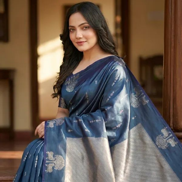 Blue_Silk_Elephant_Motif_Woven_Saree_For_Women