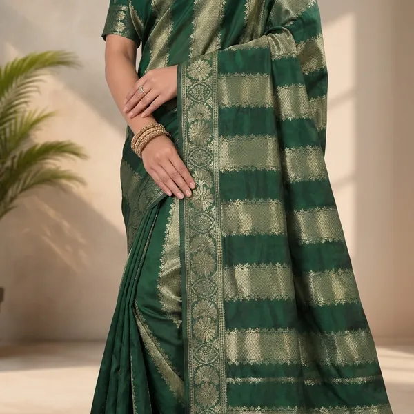 Green_Banarasi_Silk_Golden_Zari_Border_Saree_For_Women
