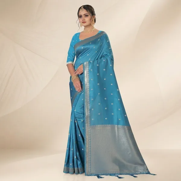 Blue_Silk_Woven_Contrast_Border_Buti_Saree_For_Women