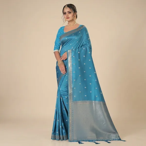 Blue_Silk_Woven_Contrast_Border_Buti_Saree_For_Women