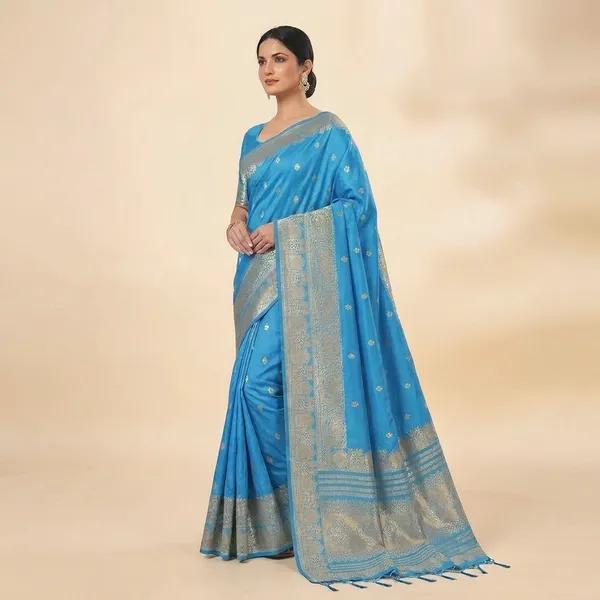 Blue_Banarasi_Silk_Golden_Zari_Woven_Saree_For_Women