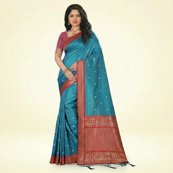 Sky_Blue_Silk_Woven_Red_Zari_Border_Saree_For_Women