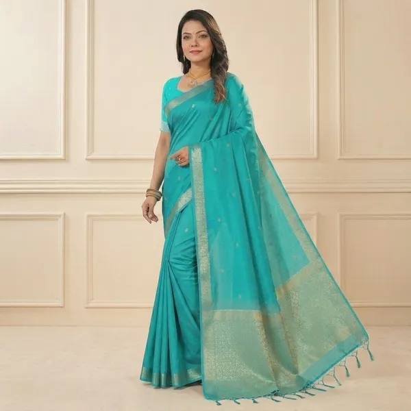 Turquoise_Blue_Silk_Golden_Zari_Border_Saree_For_Women