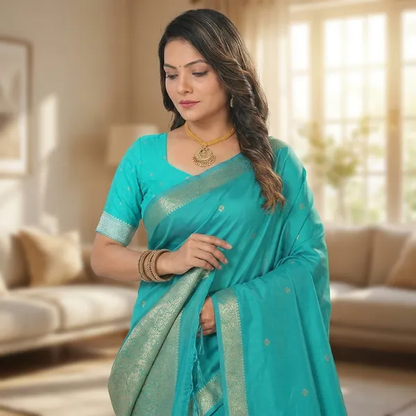 Turquoise_Blue_Silk_Golden_Zari_Border_Saree_For_Women