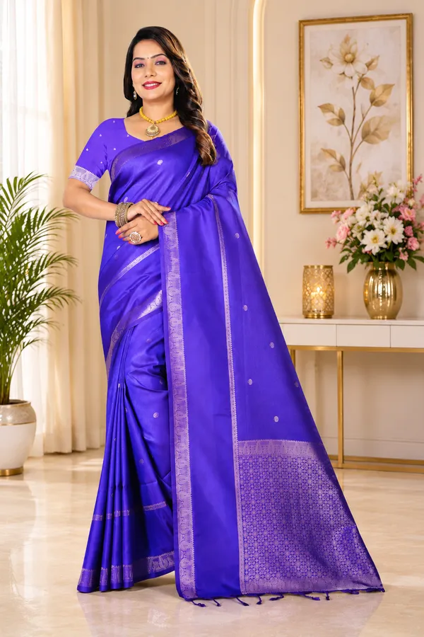 Blue_Silk_Silver_Zari_Buti_Border_Saree_For_Women