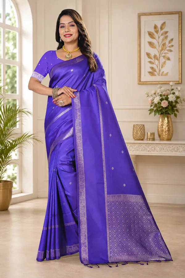 Blue_Silk_Silver_Zari_Buti_Border_Saree_For_Women