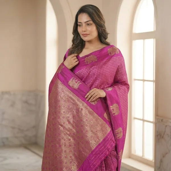 Magenta_Silk_Checkered_Golden_Zari_Woven_Saree_For_Women