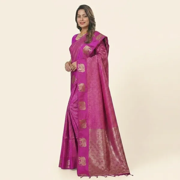 Magenta_Silk_Checkered_Golden_Zari_Woven_Saree_For_Women