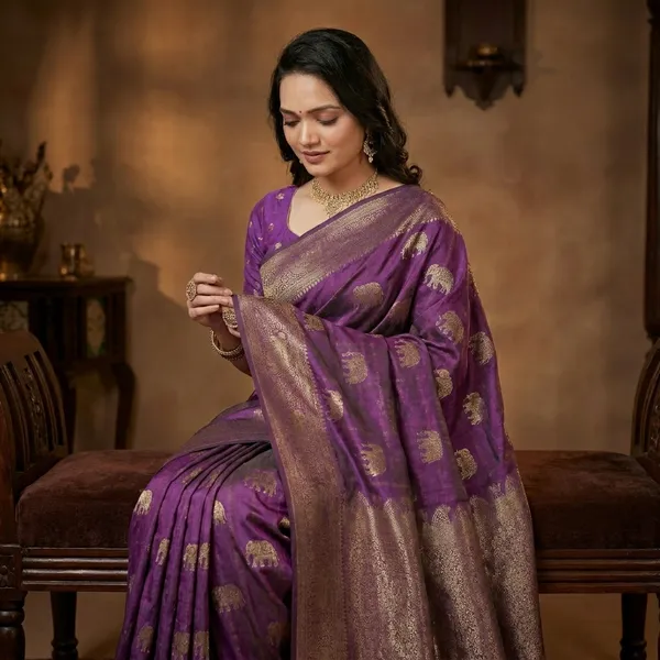 Multi_Banarasi_Silk_Woven_Saree_With_Golden_Elephant_Motifs_For_Women
