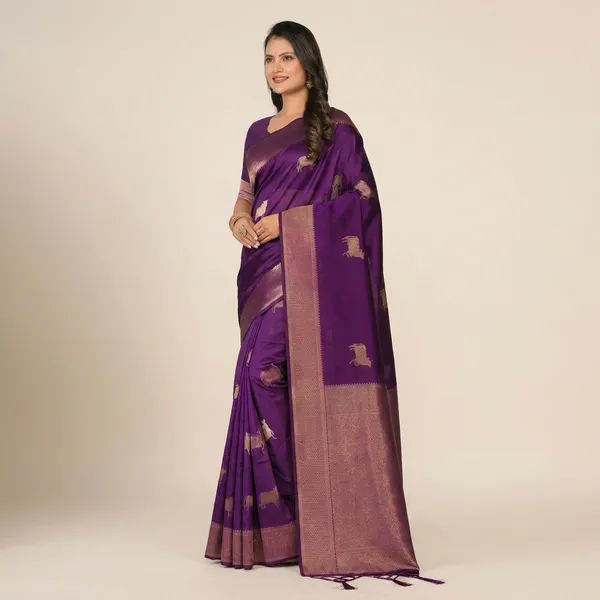 Multi_Banarasi_Silk_Woven_Saree_With_Golden_Zari_Border_For_Women
