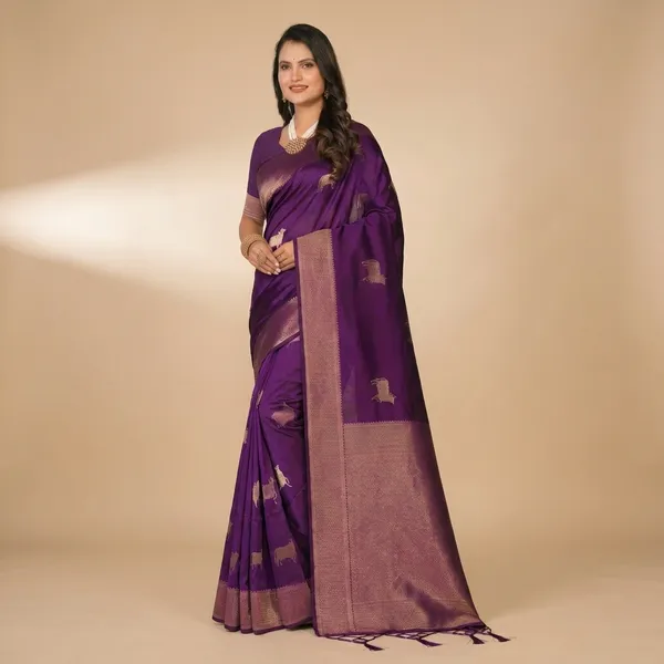 Multi_Banarasi_Silk_Woven_Saree_With_Golden_Zari_Border_For_Women